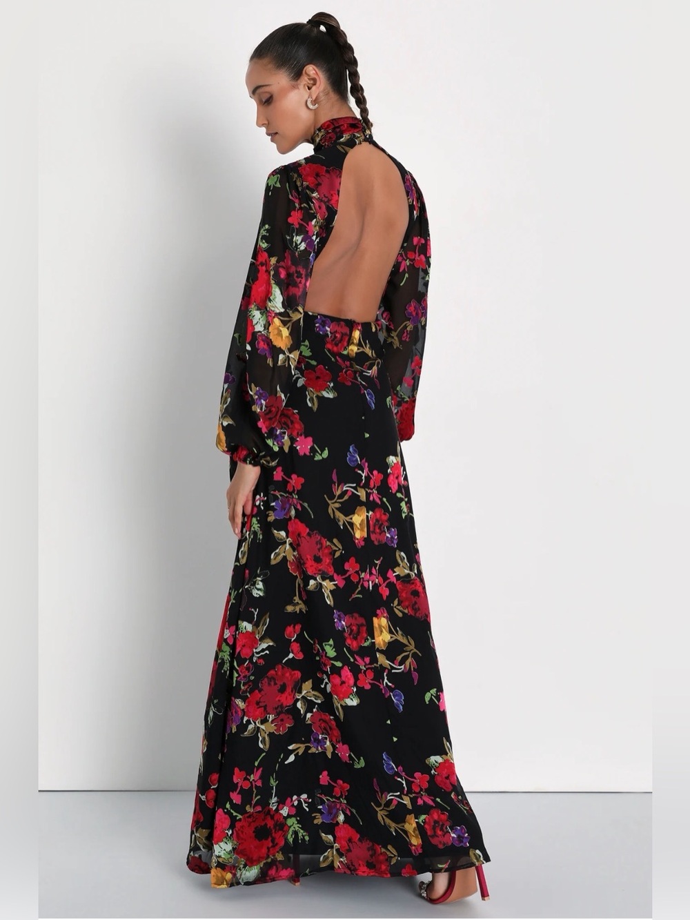 NWT Lulu's Black Floral Sheer Long Sleeve Backless Maxi Dress with slit Medium